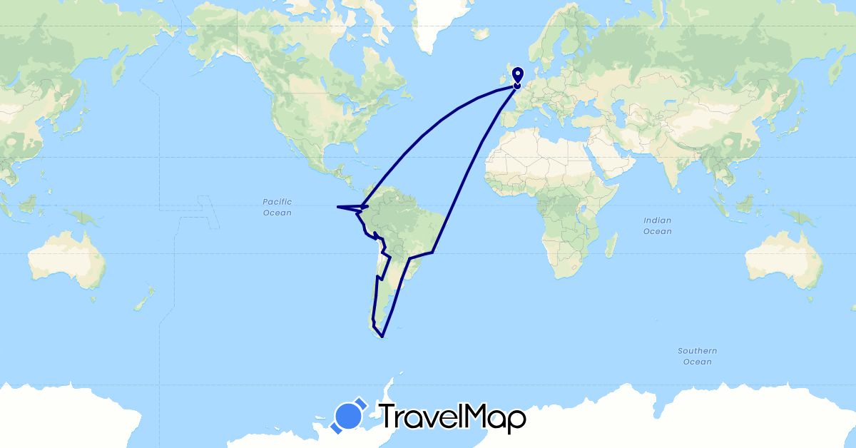 TravelMap itinerary: driving in Argentina, Bolivia, Brazil, Chile, Ecuador, United Kingdom, Peru (Europe, South America)